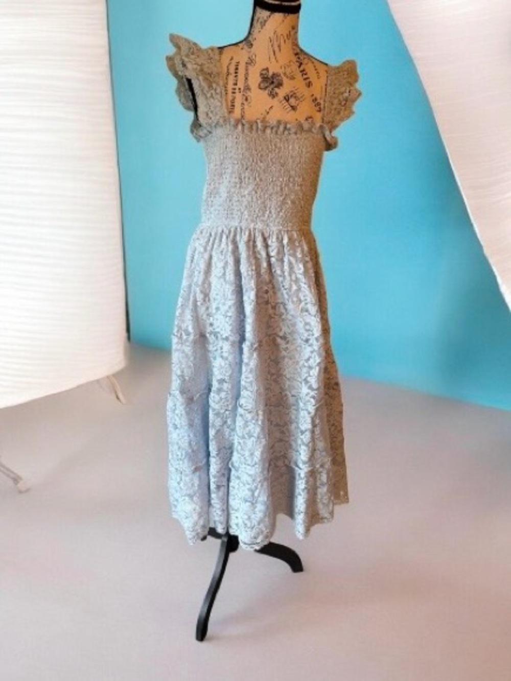 Arula Smocked Lace Midi Dress in Baby Blue Lined Cottage Core